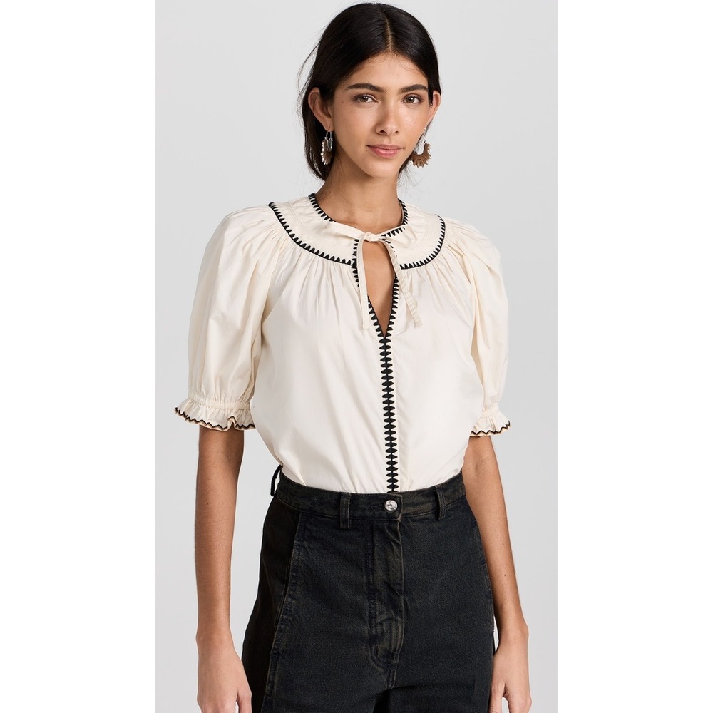 Ulla Johnson Ruby Top Ivory Black Trim Puff‎ Sleeve Blouse NWT Size 14 $290